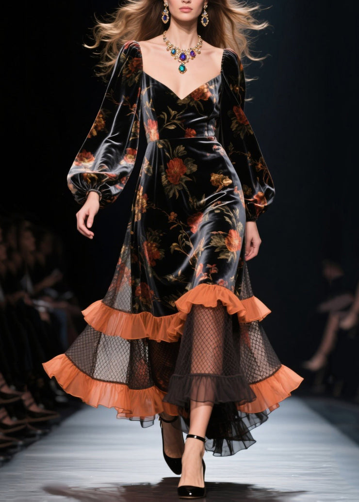 Modern Black Ruffled Patchwork Hollow Out Silk Velvet Dress Spring