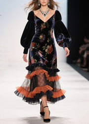 Modern Black Ruffled Patchwork Print Silk Velvet Evening Dress Spring