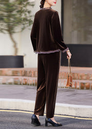 Modern Brown Ruffled Patchwork Silk Velour Shirts And Pants Two Piece Set