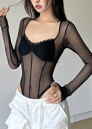 Modern Black Square Collar Lace Patchwork Mesh Bodysuit