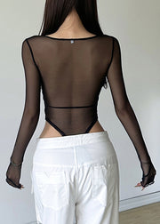 Modern Black Square Collar Lace Patchwork Mesh Bodysuit