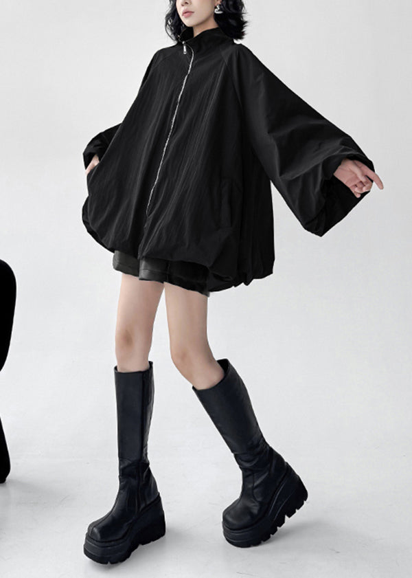 Modern Black Stand Collar Zip Up Pockets Cotton Jackets Fall