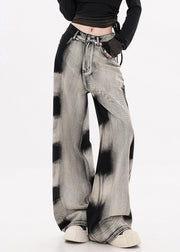 Modern Black Tie Dye Pockets Denim Wide Leg Pants Fall