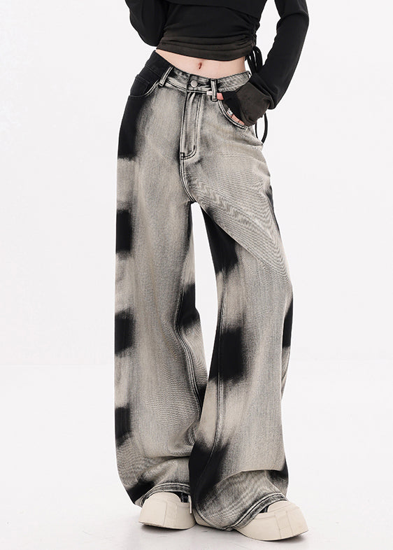 Modern Black Tie Dye Pockets Denim Wide Leg Pants Fall