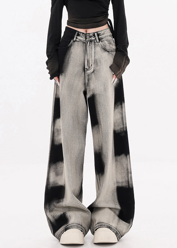 Modern Black Tie Dye Pockets Denim Wide Leg Pants Fall
