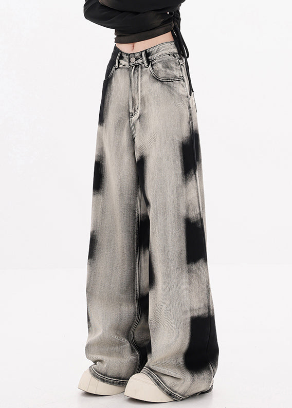 Modern Black Tie Dye Pockets Denim Wide Leg Pants Fall