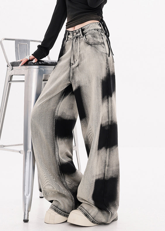 Modern Black Tie Dye Pockets Denim Wide Leg Pants Fall