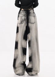 Modern Black Tie Dye Pockets Denim Wide Leg Pants Fall