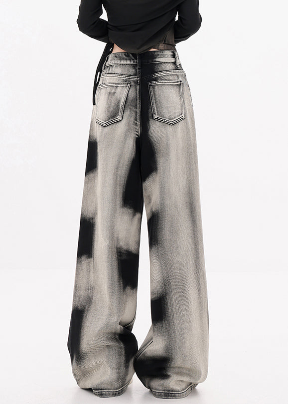 Modern Black Tie Dye Pockets Denim Wide Leg Pants Fall