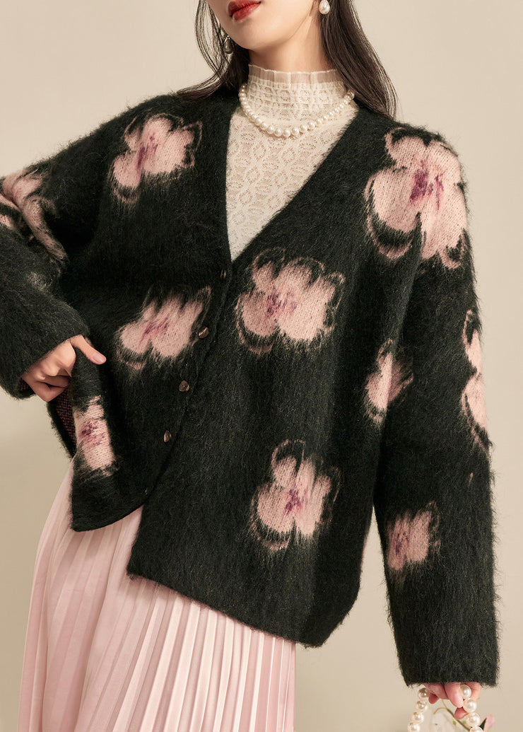 Modern Black V Neck Print Cotton Knit Cardigan Fall