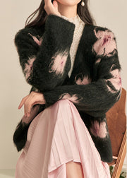 Modern Black V Neck Print Cotton Knit Cardigan Fall