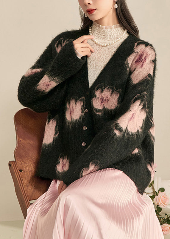Modern Black V Neck Print Cotton Knit Cardigan Fall