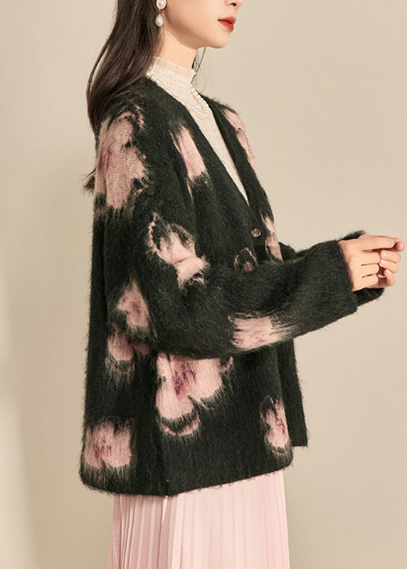 Modern Black V Neck Print Cotton Knit Cardigan Fall