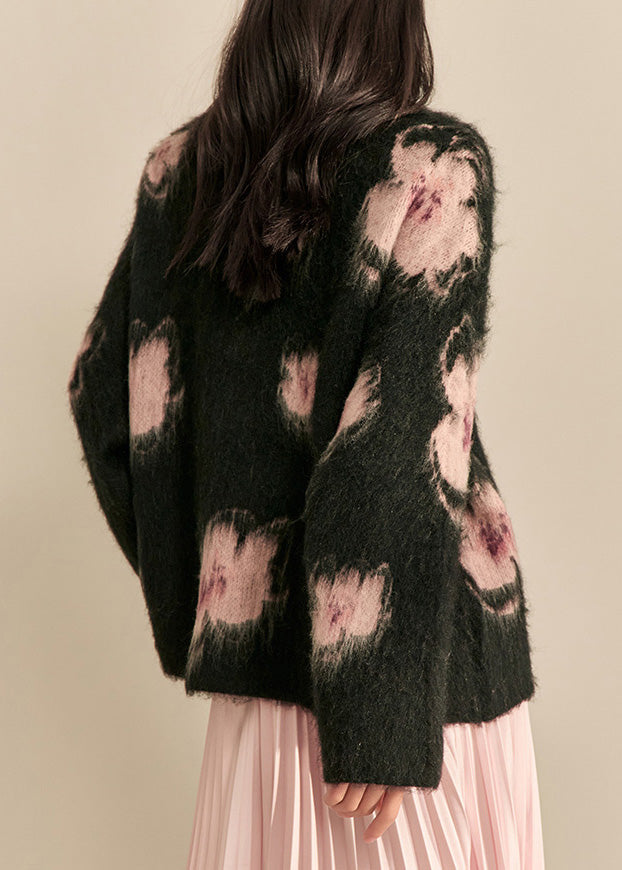 Modern Black V Neck Print Cotton Knit Cardigan Fall