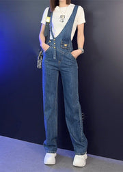 Modern Blue Asymmetrical Patchwork Button High Waist Denim Long Jumpsuits