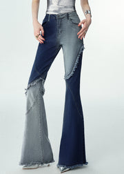 Modern Blue Asymmetrical Patchwork Pockets Flared Jeans Fall