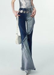 Modern Blue Asymmetrical Patchwork Pockets Flared Jeans Fall