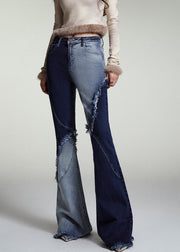 Modern Blue Asymmetrical Patchwork Pockets Flared Jeans Fall