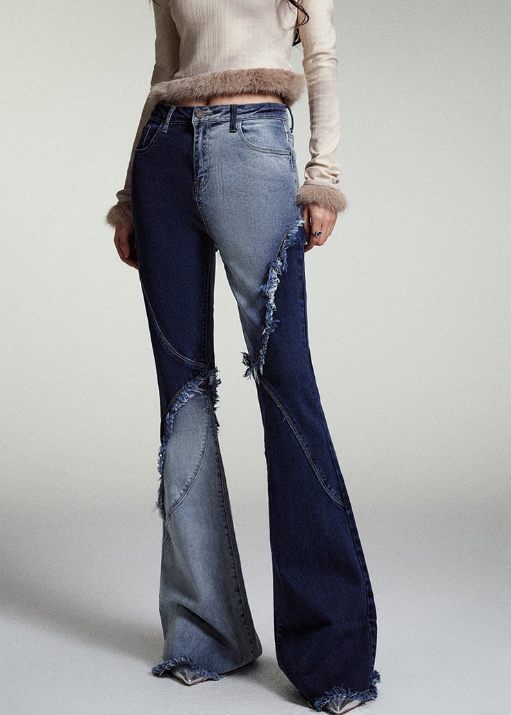 Modern Blue Asymmetrical Patchwork Pockets Flared Jeans Fall
