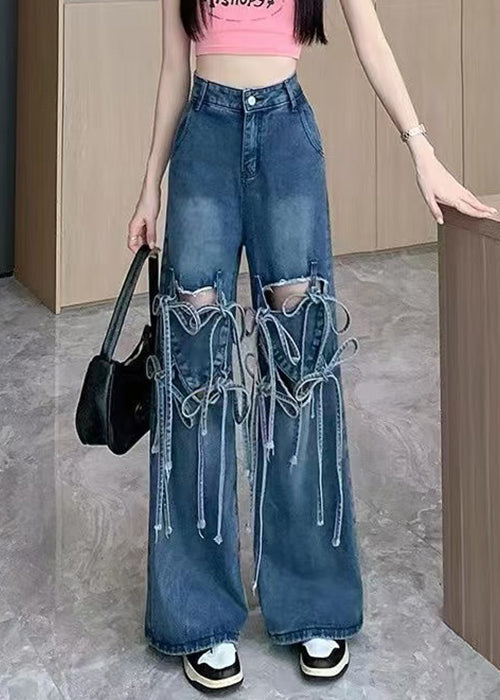 Modern Blue Bow Hole High Waist Denim Pants Summer