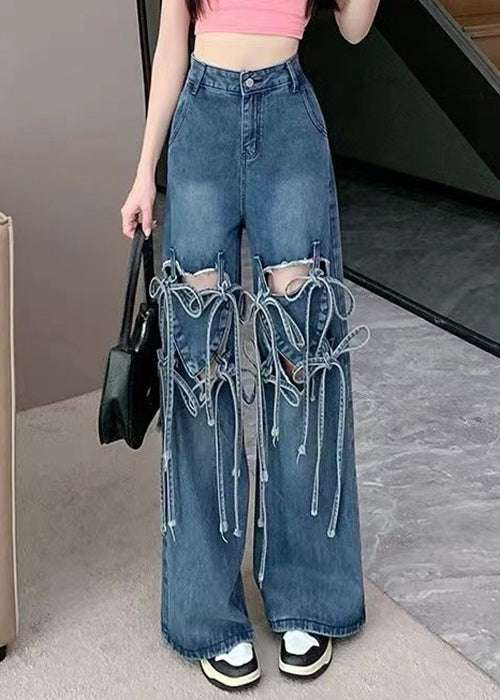 Modern Blue Bow Hole High Waist Denim Pants Summer
