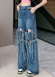 Modern Blue Bow Hole High Waist Denim Pants Summer