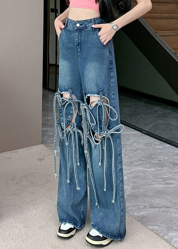 Modern Blue Bow Hole High Waist Denim Pants Summer