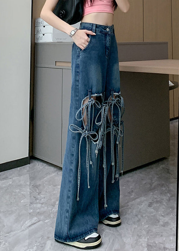 Modern Blue Bow Hole High Waist Denim Pants Summer
