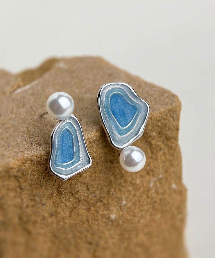 Modern Blue Copper Pearl Drip Glaze Stud Earrings
