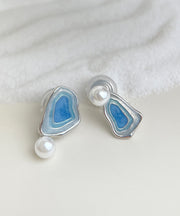 Modern Blue Copper Pearl Drip Glaze Stud Earrings