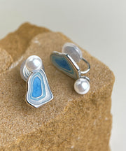 Modern Blue Copper Pearl Drip Glaze Stud Earrings
