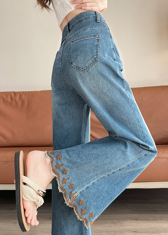 Modern Blue Embroidered Denim Bell-bottom Trousers Fall
