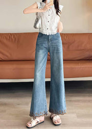 Modern Blue Embroidered Denim Bell-bottom Trousers Fall