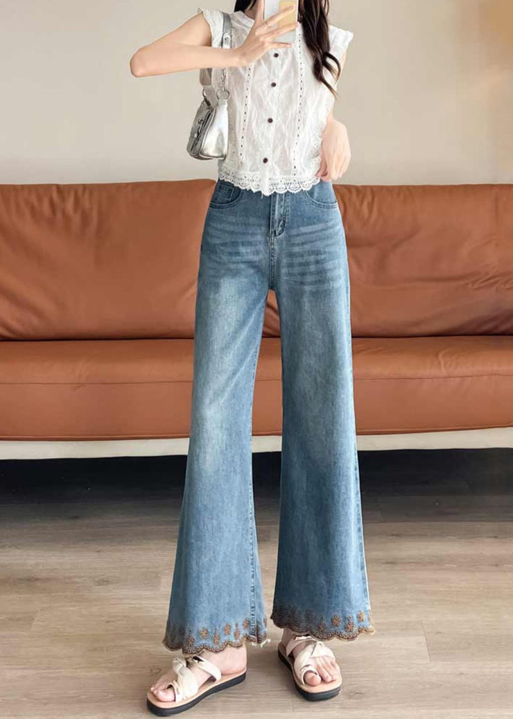 Modern Blue Embroidered Denim Bell-bottom Trousers Fall