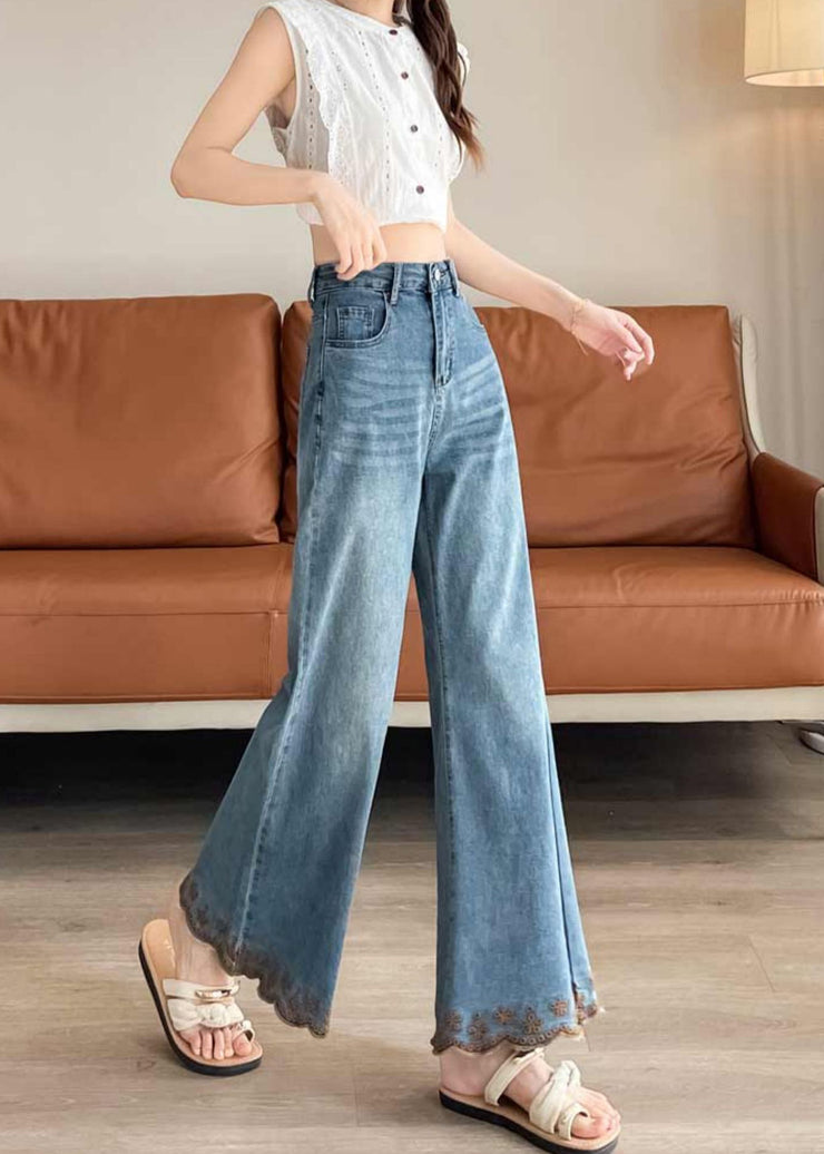 Modern Blue Embroidered Denim Bell-bottom Trousers Fall