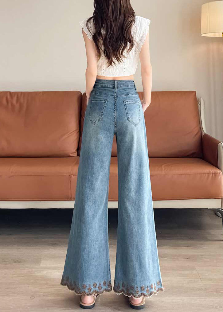 Modern Blue Embroidered Denim Bell-bottom Trousers Fall