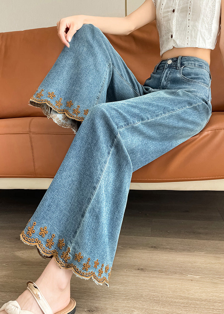 Modern Blue Embroidered Denim Bell-bottom Trousers Fall