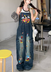 Modern Blue Embroidered Pockets Denim Jumpsuit Sleeveless