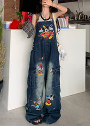 Modern Blue Embroidered Pockets Denim Jumpsuit Sleeveless