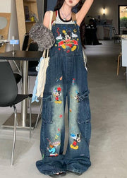 Modern Blue Embroidered Pockets Denim Jumpsuit Sleeveless