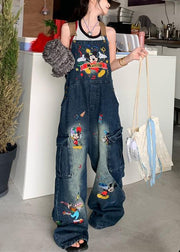 Modern Blue Embroidered Pockets Denim Jumpsuit Sleeveless