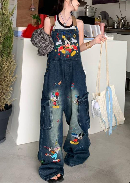 Modern Blue Embroidered Pockets Denim Jumpsuit Sleeveless