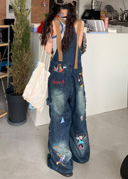 Modern Blue Embroidered Pockets Denim Jumpsuit Sleeveless