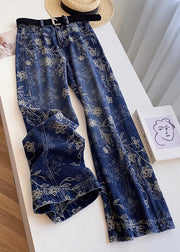 Modern Blue Embroidered Pockets High Waist Denim Pants Fall