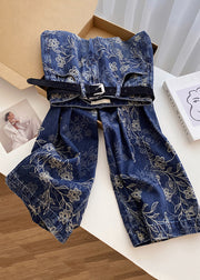Modern Blue Embroidered Pockets High Waist Denim Pants Fall
