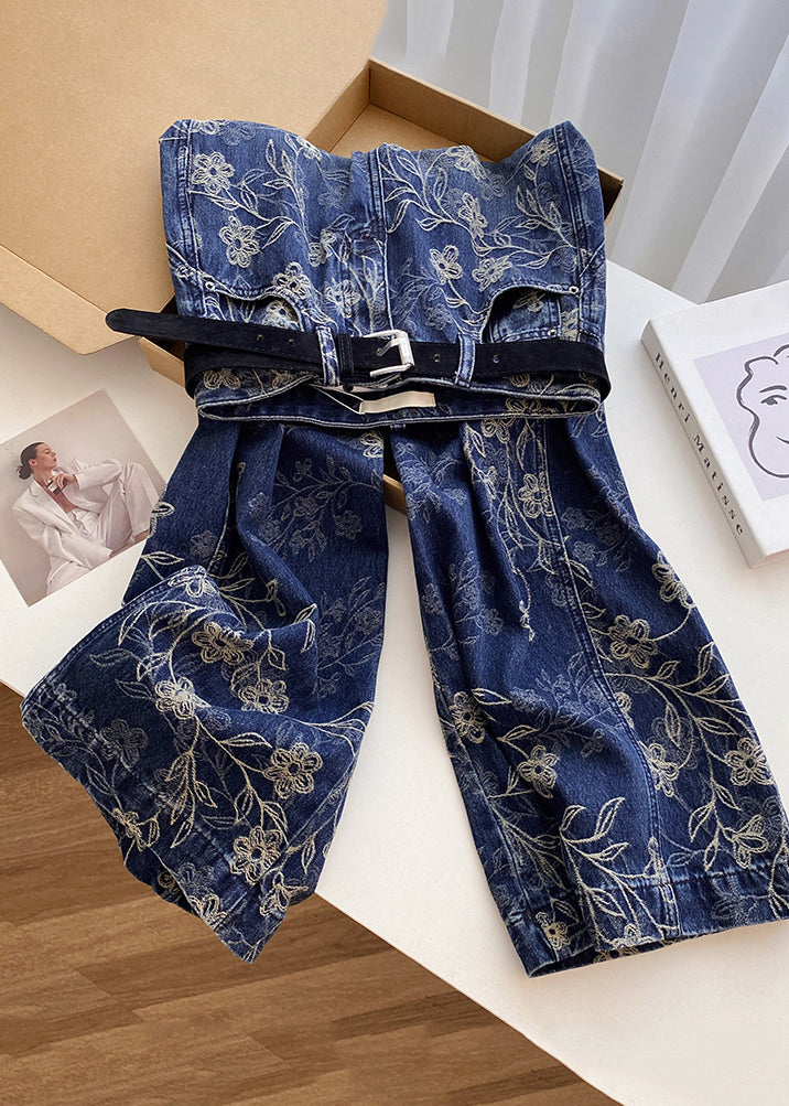 Modern Blue Embroidered Pockets High Waist Denim Pants Fall