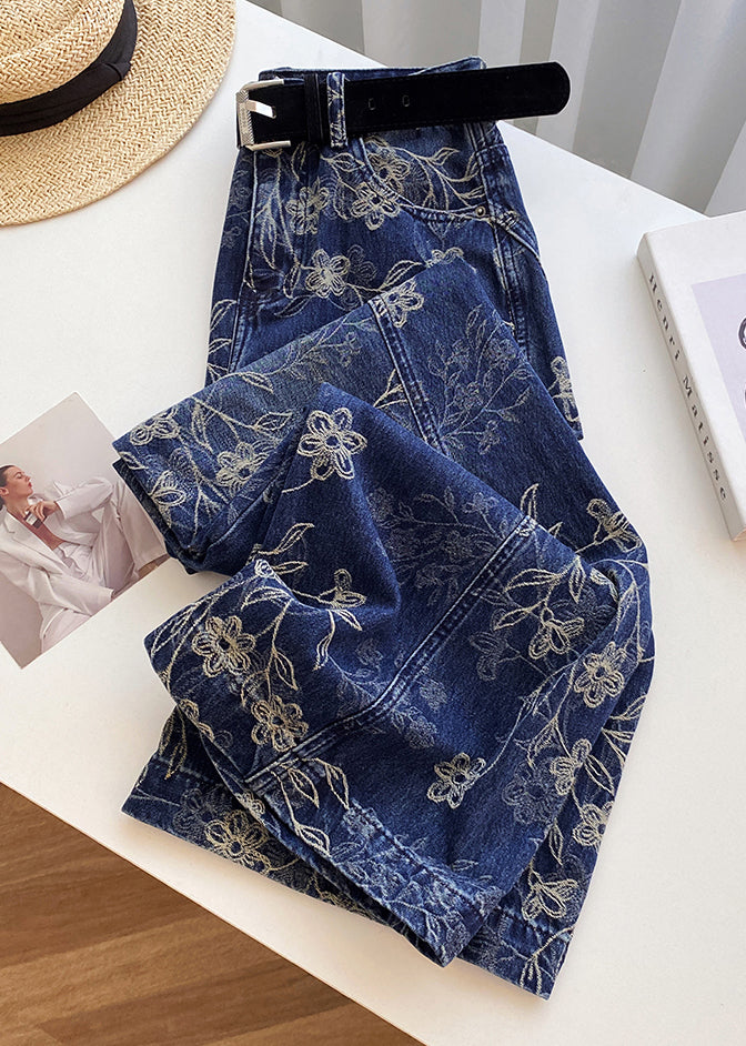 Modern Blue Embroidered Pockets High Waist Denim Pants Fall