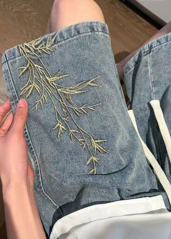 Modern Blue Embroideried Elastic Waist Denim Men Shorts Summer