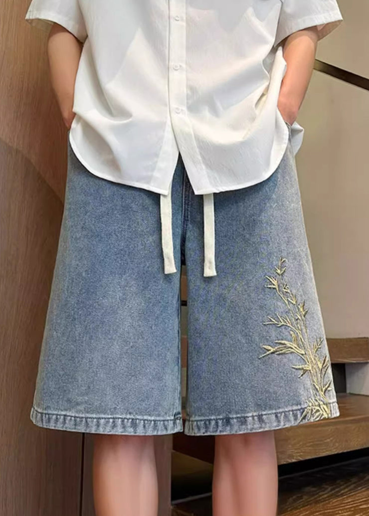 Modern Blue Embroideried Elastic Waist Denim Men Shorts Summer