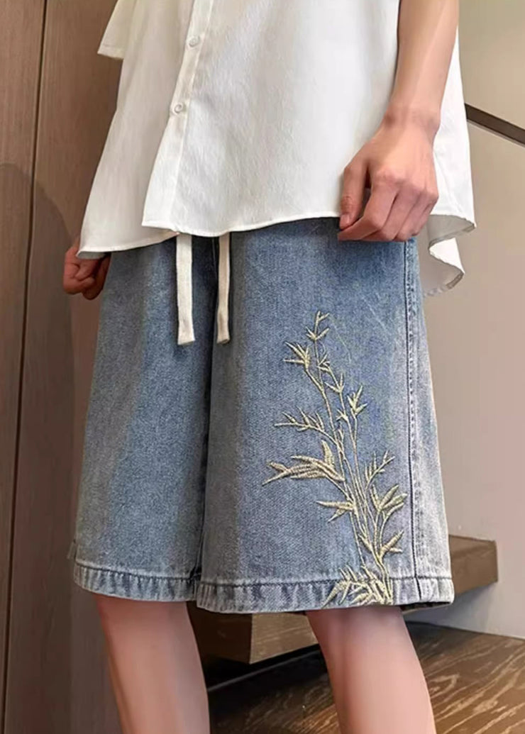 Modern Blue Embroideried Elastic Waist Denim Men Shorts Summer